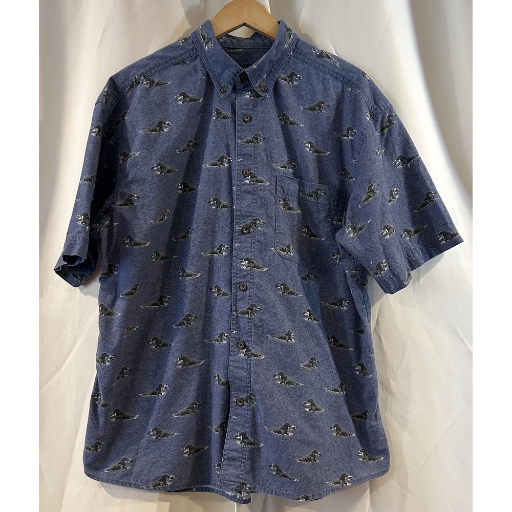 Woolrich Men's Sz L Short Sleeve Button Down Blue Shirt All Over Bird Dog Hunter